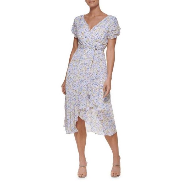 DKNY Dresses & Skirts - DKNY Women's Ruffle Floral Faux Wrap Dress - Cream 12